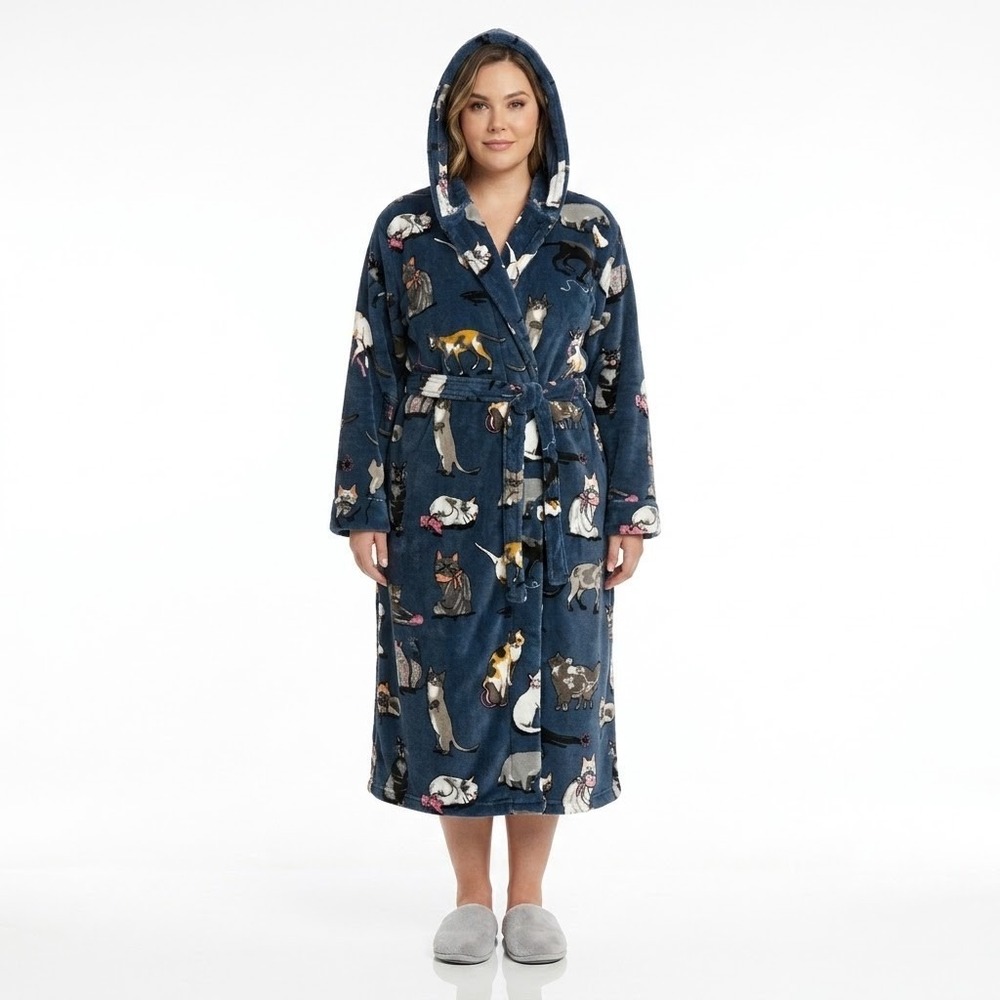 Vera Bradley Soft Fleece Hooded Robe Women's 2XL/3XL Navy Blue Cats Print
